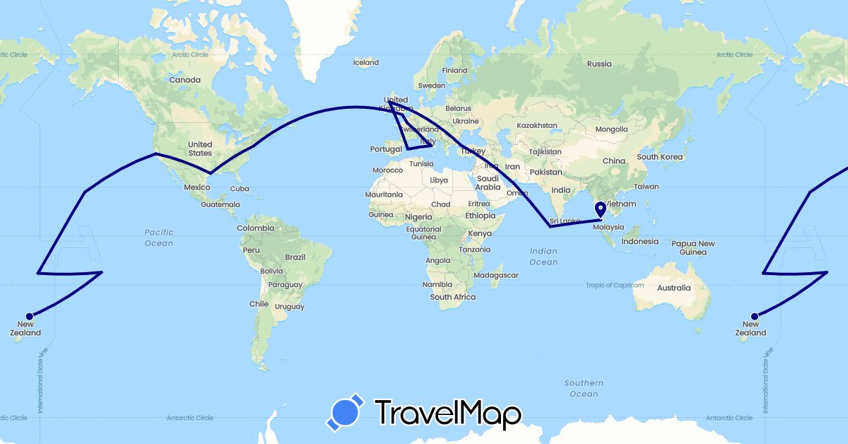 TravelMap itinerary: driving in United Arab Emirates, Spain, Fiji, France, United Kingdom, Italy, Maldives, New Zealand, Thailand, Turkey, United States (Asia, Europe, North America, Oceania)